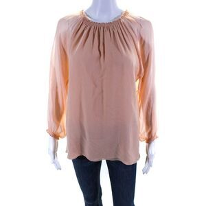 Soler Womens Silk Chiffon Long Sleeve Smocked Trim Lined Blouse Top Pink Size S